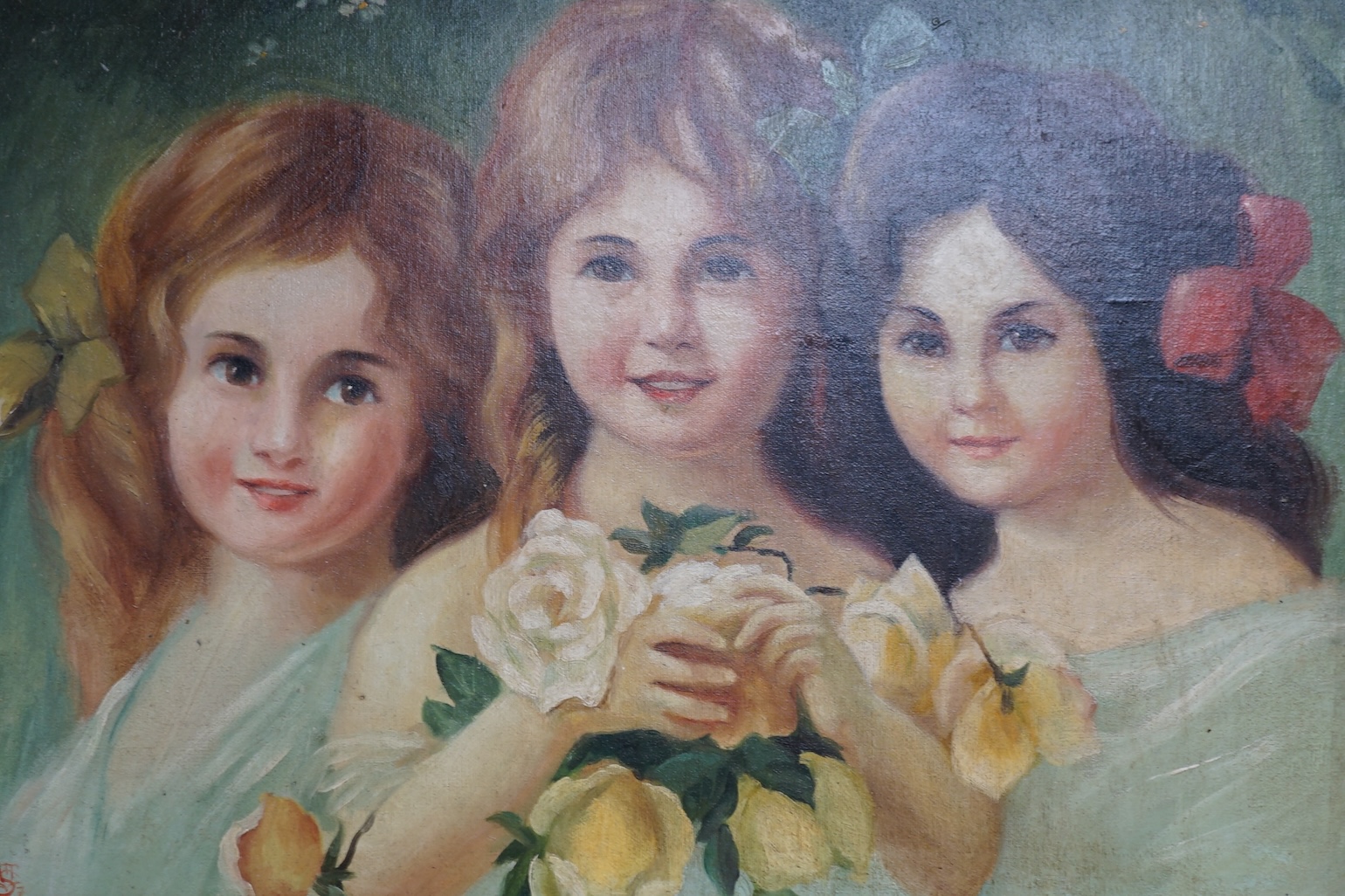 Decorative oil on board, Portrait of three girls holding flowers, 35 x 52cm. Condition - good, some surface dirt